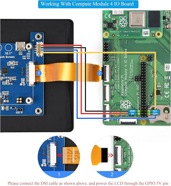 7inch DSI LCD Compatible with Raspberry Pi 5/4B/CM4/3B+/3A+/3B/Compute Module 5/CM5/CM4/CM3+/CM3 1280 x 800 Capacitive Touch Screen IPS Display Optical Bonding Toughened Glass Panel 10-Point Touch