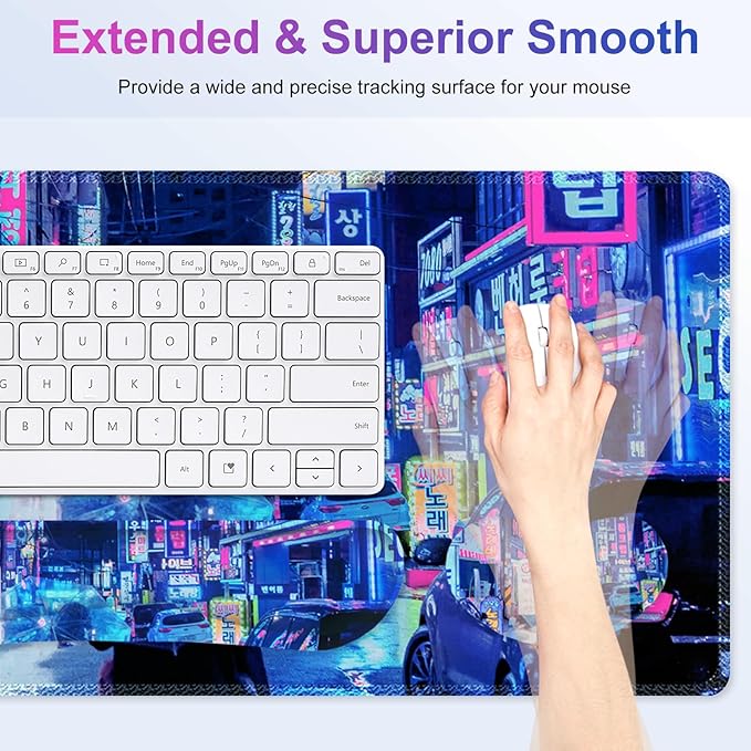 Large Gaming Mouse Pad Set 4 in 1 Extended Keyboard Desk Mat with Wrist Rest Computer Game Mousepad Non-Slip Desk Pad Protector Easy Typing Pain Relief for Home Office I Anime Neon Street
