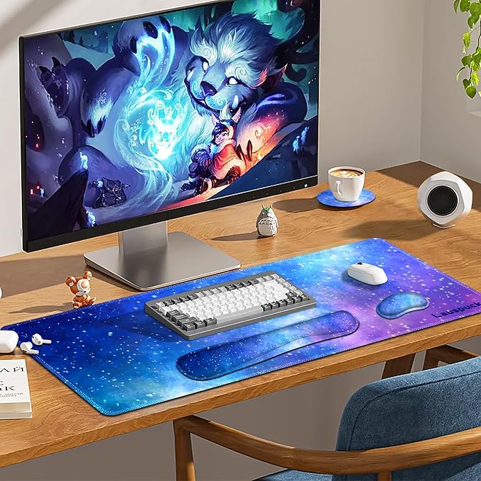 Desk Mat Gaming Mouse Pad Wrist Rest Support Combo XXL Large Mousepad + Keyboard Wrist Support +Mouse Wrist Rest+Coaster Set with Ergonomic Design 4in1 for Home Office Nebula Galaxy