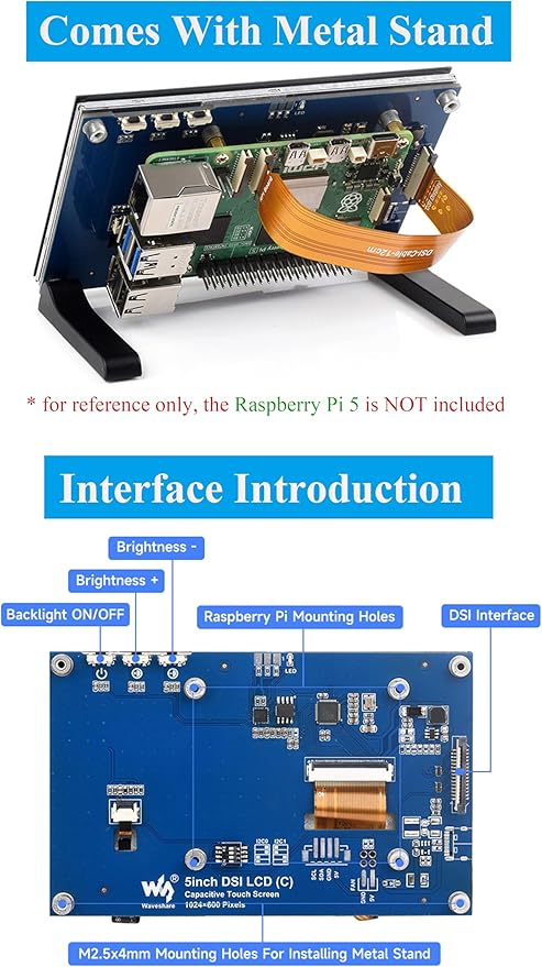 5inch DSI LCD 5-Point Capacitive Touch Screen Monitor for Raspberry Pi Pi5/4B/3B+/3B/3A+/CM4/CM3+/CM3 1024 x 600 Resolution IPS Display Screen DSI Interface 178° Viewing Angle No Driver Required
