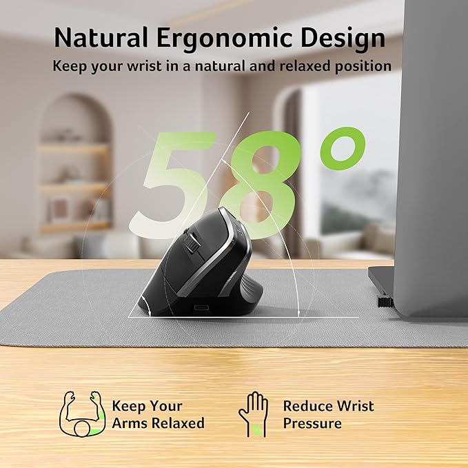 acer Ergonomic Mouse Wireless Vertical Computer Mouse for Office Ergo Mice Rechargeable for Medium to Large Sized Hands 2.4GHz USB Receiver 800/1200/1600 DPI 6 Buttons for Laptop PC and Desktop