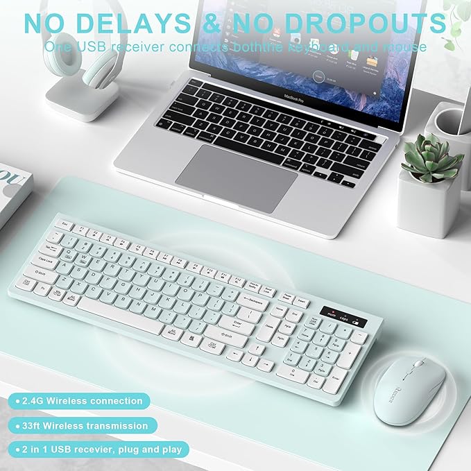 Wireless Keyboard and Mouse Combo Full-Sized Wireless Keyboard and Adjustable DPI Mouse 2.4GHz USB Receiver Keyboard and Mouse for PC Windows Desktop Laptop (Mint Green and White)