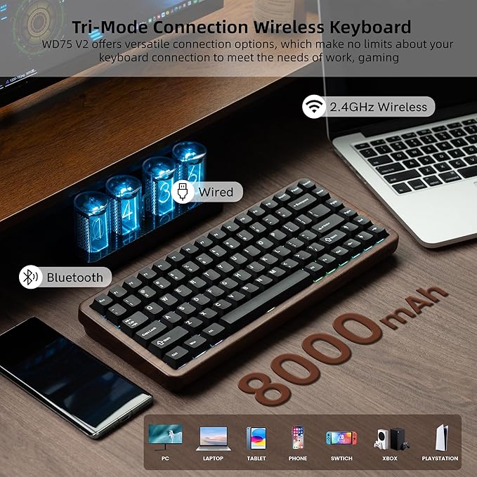 Womier 75% Mechanical Keyboard Wireless with Wood Natural WD75 V2 QMK/VIA Gaming Creamy Keyboard 8000mAh Battery Tri-Mode Key Board RGB Hot Swappable with PBT Keycaps-POM Linear SwitchBlack