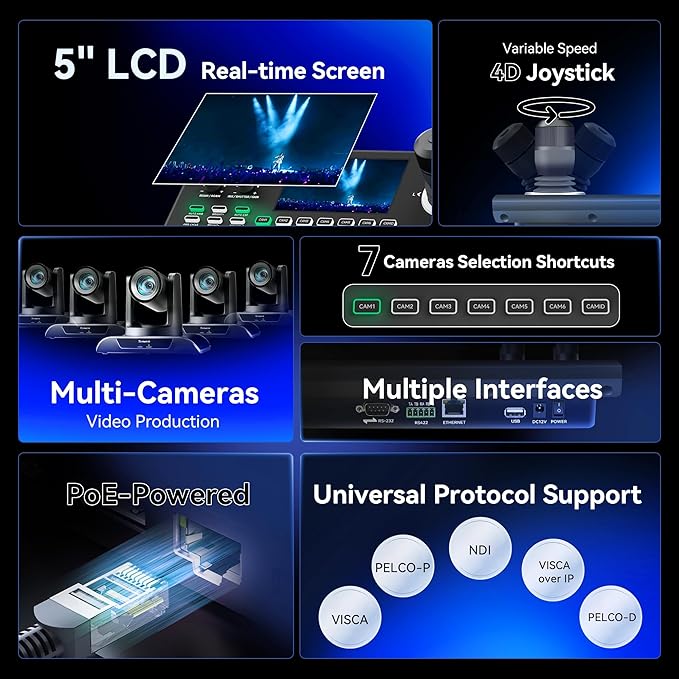 Tenveo 4K NDI PTZ Camera and Controller Bundle AI Tracking HDMI/USB3.0/LAN/PoE12X 4K NDI PTZ Camera and NDI PTZ Controller 5-Inch LCD 4D Joystick for Church Live Streaming Conference