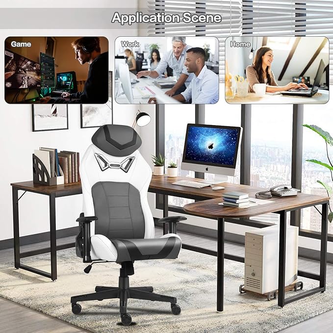 Modern-Depo Ergonomic Gaming Chairs for Adults with High-Density Memory Foam | Swivel Comfortable Office Chair Big and Tall Video Game Chair High Back Computer Chair for Home Office Grey White