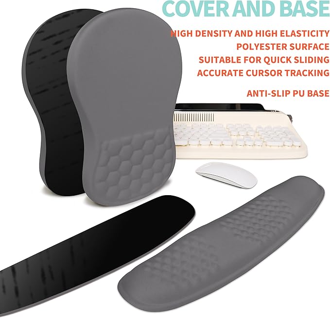2-in-1 Ergonomic Set Wave Rise Keyboard Wrist Rest and Massage Bulge Slope Mouse Pad Wrist Support Cushion Memory Foam Integrated to Relieve Wrist Pain Deep Gray