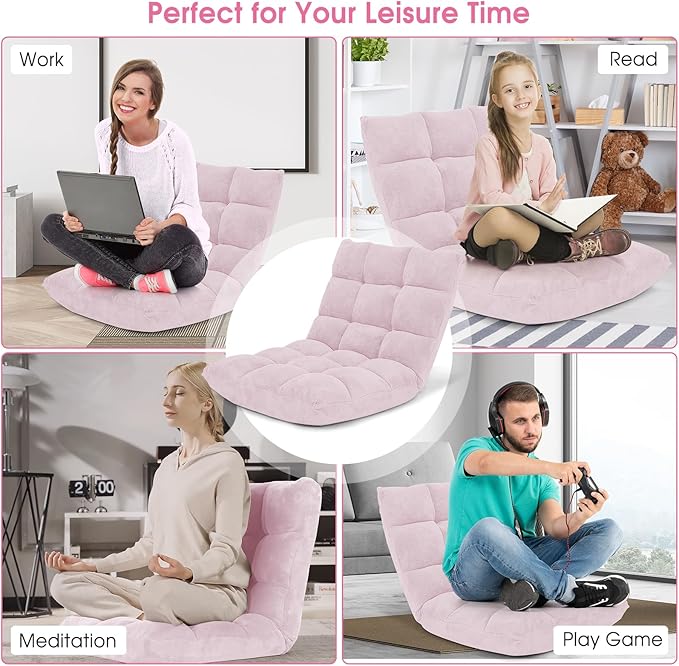 GORELAX Memory Foam Floor Chair 14-Poistion Adjustable Floor Reading Gaming Chair Recliner Folding Cushioned Meditation Chair with Back Support Padded Lazy Sofa Chair for Adults Kids (Light Pink)