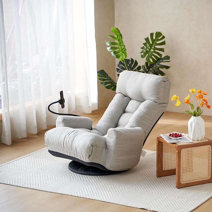 Gaming Lounge Chair Floor 360° Swivel Gaming Floor Chair Adjustable Phone Holder 5-Position w/Arms Foldable for Adults Living Room Dorm Rotatable Leisure Sofa Premium (Gray)