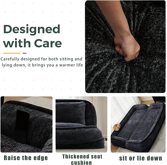Floor Chair with Back Support Human Dog Bed Folding Loveseat with 5 Adjustable Position 2 Back Cushions Chenille Meditation Gaming Chair for Lazy Boys Living Room Lounge Bedroom Black