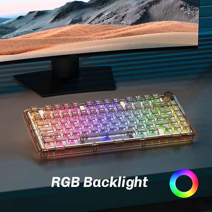 Transparent Mechanical Keyboard 80-Key RGB Backlit Wireless Gaming Keyboards Hot Swap Customizable Clear Acrylic Design Quiet Linear Switches 3 Modes BT5.0/2.4G/USB-C 4000mAh Battery (Brown)
