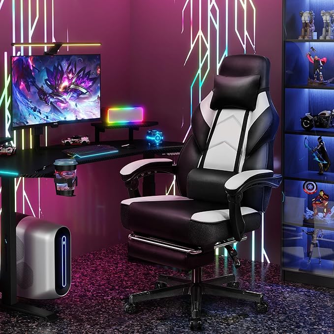 Gaming Chair for Adults Gaming Chairs with Footrest Ergonomic Video Game Chair with Massage Lumbar Big and Tall Computer Chair Height Adjustable with Headrest and 360° Swivel Seat White