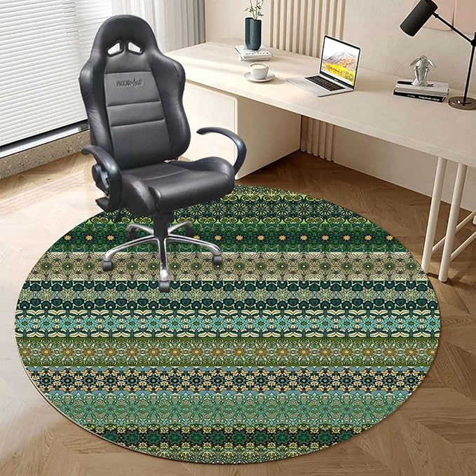 Black Grey PU Leather Office Chair Mat Soft Non Slip Round Floor Mat Exotic Design Geometrical Elements Hardwood Floor and Protector for Rolling Chair Rustic Diameter 39.4 in