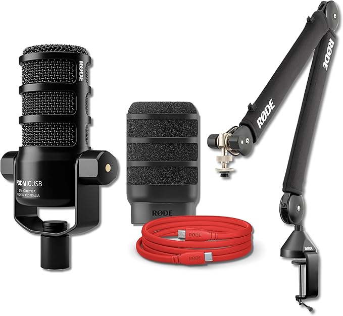 Rode PodMic USB Dynamic Broadcast Microphone with Rode PSA1+ Broadcast Microphone Boom Arm XLR Cable and SC27 USB-C to USB-C Cable (Red)