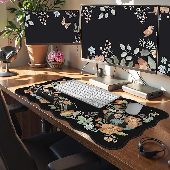 Scalloped Desk Cover Mat Aesthetic Mousepad with Wrist Rest Memory Foam Wrist Support for Keyboard Ultra Smooth Mouse Pad for Office Desk Decor School Supplies (Black)