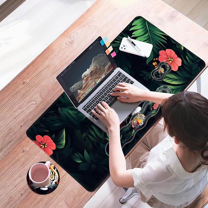 Mouse PadLarge Desk Mat Set 4in1 XL Mousepad + Keyboard Wrist Rest+Mouse Wrist Rest+Coaster with Ergonomic Desk Pad for Home Office Table Computer Cover -Tiger with Jungle Flowers