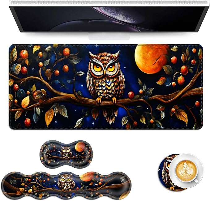 Keyboard Mouse Pad Set Extended Gaming Mouse Pad+Ergonomics Keyboard Wrist Rest Support Memory Foam Easy Typing Pain Relief 4Pcs XL Ultra Thick Desk MatOwl on Branch Moonlit Night