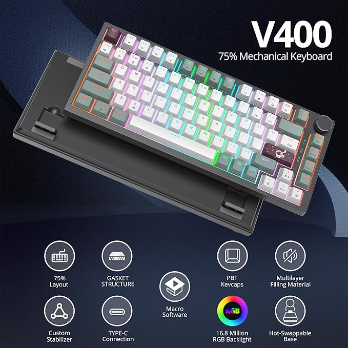 75% TKL Wired Mechanical KeyboardRGB Backlit Gasket Mount 82 Key Hot Swappable Custom Linear Red Switch Gaming Keyboard with Volume Knob &amp PBT Keycaps (82 Misty)