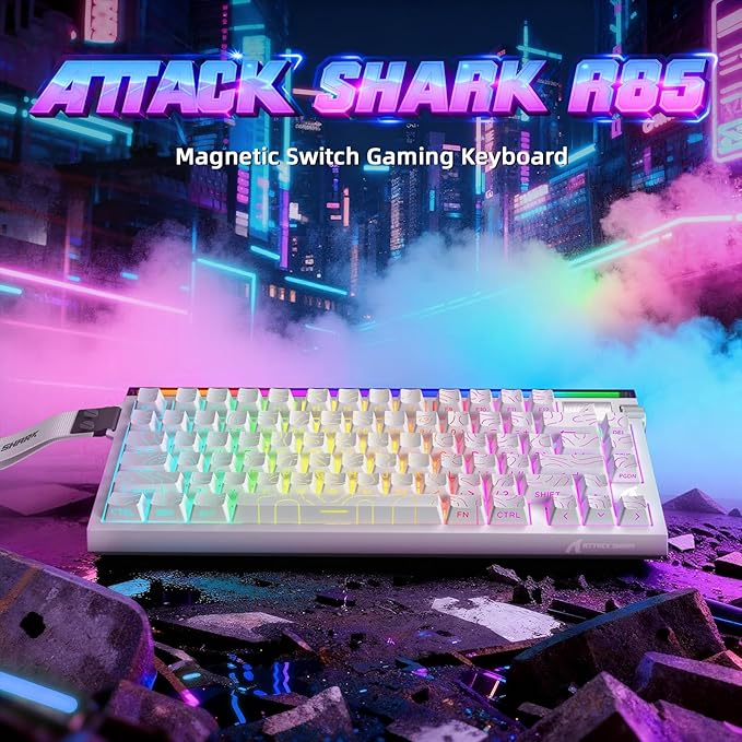 ATTACK SHARK R85 HE 75% Magnetic Wired Gaming Keyboard8KHz Polling Rate Rapid Trigger0.005mm RT Precision256K Scan RateCustom Hot-SwappableWeb Driver PC Keyboard for Gamer/Win/MacWhite Contour