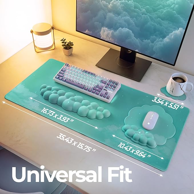 Premium Quality Cloud Wrist Rest Keyboard &amp Mouse Pad Set – Ergonomic Memory Foam Desk Accessories with Wrist Support &amp Cloud Coaster Wrist Rest for Office &amp Gaming- Mint