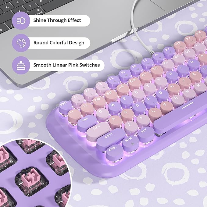 Purple Creamy Mechanical Gaming Keyboard Aesthetic Keyboard w/White Backlit 84 Keys Cute Retro Typewriter Computer Keyboard Wired w/Pink Switch Round Keycap for Windows/PC/PS5 (Purple)
