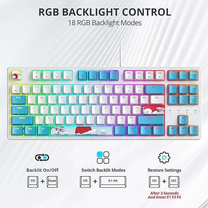 75% Mechanical Gaming Keyboard with Red Switch RGB LED Backlit Keyboard White and Blue 87 Keys Compact TKL Wired Computer Keyboard for Windows Laptop PC Gamer (87 Sea)