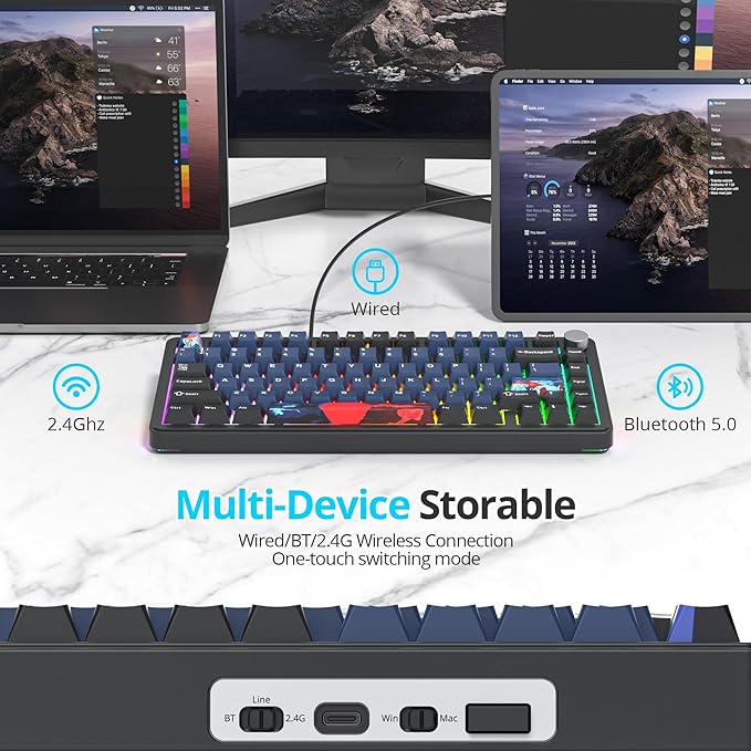Fogruaden M75 Wireless Creamy 75% Mechanical Gaming Keyboard Hot Swappable Custom RGB Backlit Gasket Pre-lubed Linear White Switches Bluetooth/2.4GHz/USB-C Five-Layer Pad &amp Knob