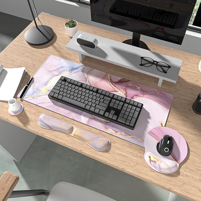Ovenbird Mouse Pad Set 4-in-1 | Large Gaming Mousepad Keyboard Wrist Rest Mouse Wrist Support Coaster | Ergonomic Office Desk Mat Accessories for Women Men | 4PCS 35.4 x 15.7in Pink Marble