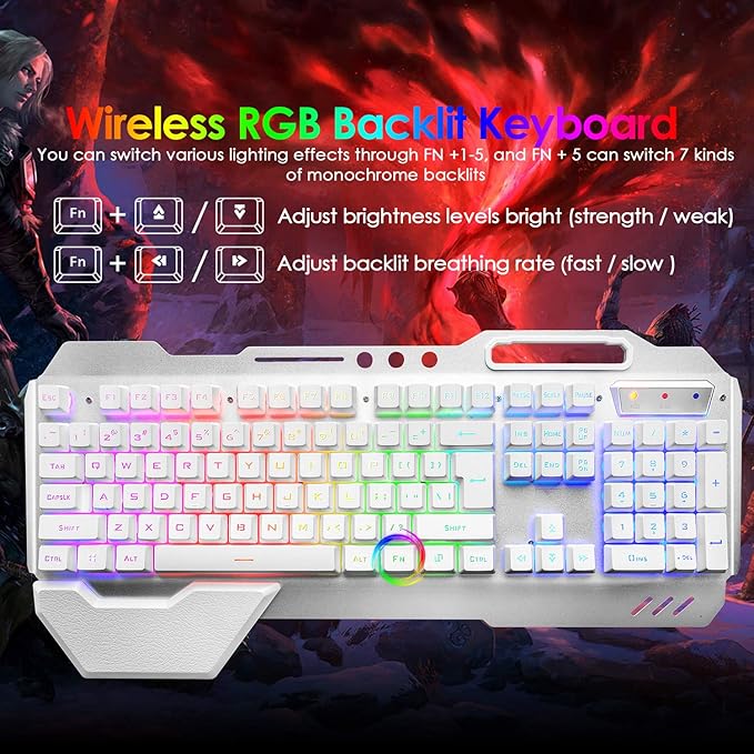 Wireless Gaming Keyboard and MouseRGB Backlit Rechargeable Keyboard Mouse with 5000mAh Battery Metal PanelRemovable Hand Rest Mechanical Feel Keyboard and 7 Color Gaming Mute Mouse for PC Gamers