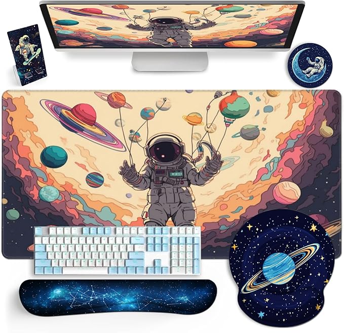 AQQA 5-in-1 Large Gaming Mouse Pad Mousepad with Wrist Support Set- Ergonomic Gaming Desktop Mouse Pad Wrist Rest - Cup Coaster Keyboard Mouse Mat Desk Pad with Stitched EdgesUniverse