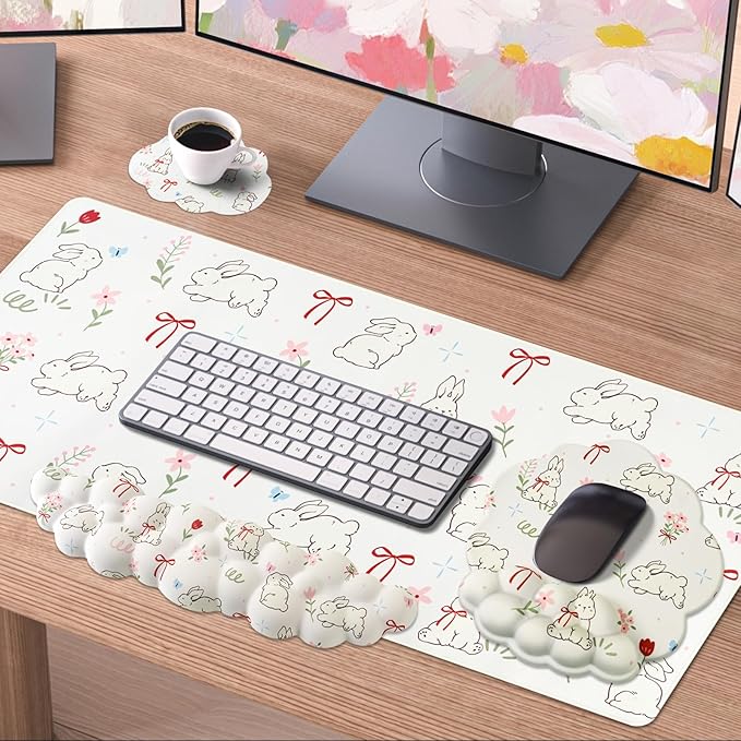 Conmputer Desk Mat Set 4 in 1 Cloud-Shaped Ergonomic Wrist Rest Set Mouse Pad with Non-Slip Base Memory Foam Silicone Lining Keyboard Wrist Rest Computers Offices Gaming Cute White Bunny