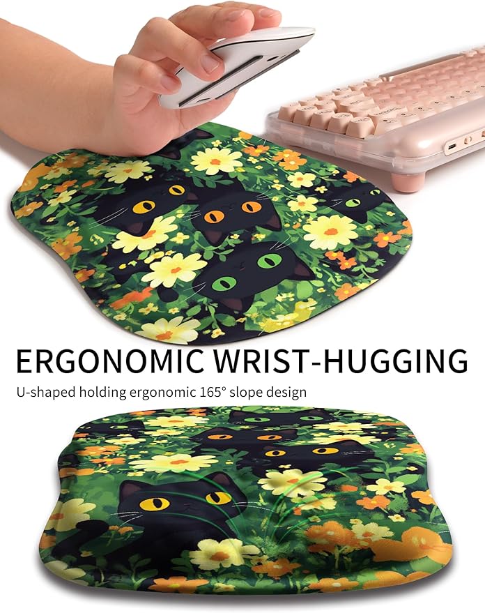 Hokafenle Ergonomic Wrist-Hugging Mouse Pad Wrist Support U-Shaped Holding Wrist Rest Mousepad for Carpal Tunnel Pain Relief with Cushioned Memory Foam Slope Massage Bulge(10.2x8.3 inBig Eyed Cat)