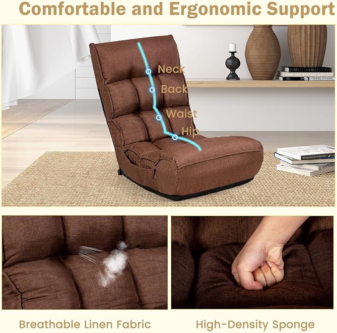 KOMFOTT Folding Floor Chair for Adults Floor Gaming Chair with 5-Position Adjustable Headrest &amp 4-Position Adjustable Backrest Side Pocket Floor Seating Lazy Sofa for Reading Meditating Brown