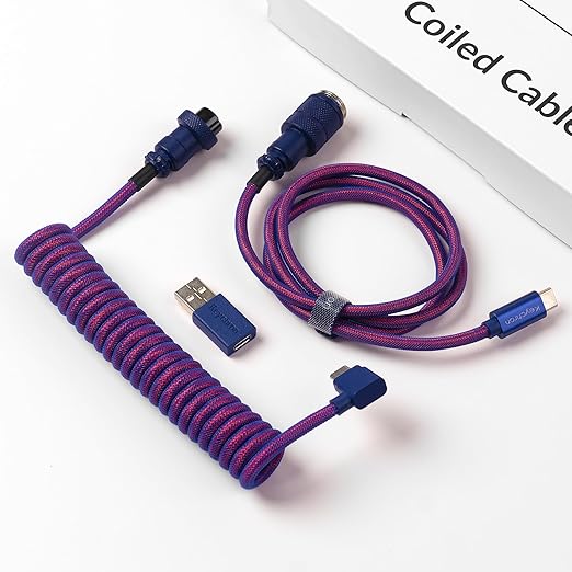 Keychron Premium Coiled USB-C Angled Purple Cable 5-Pin GX16 Detachable Metal Connector USB-A Adapter Double-Sleeved Design for Mechanical Keyboards Charging and Data Sync