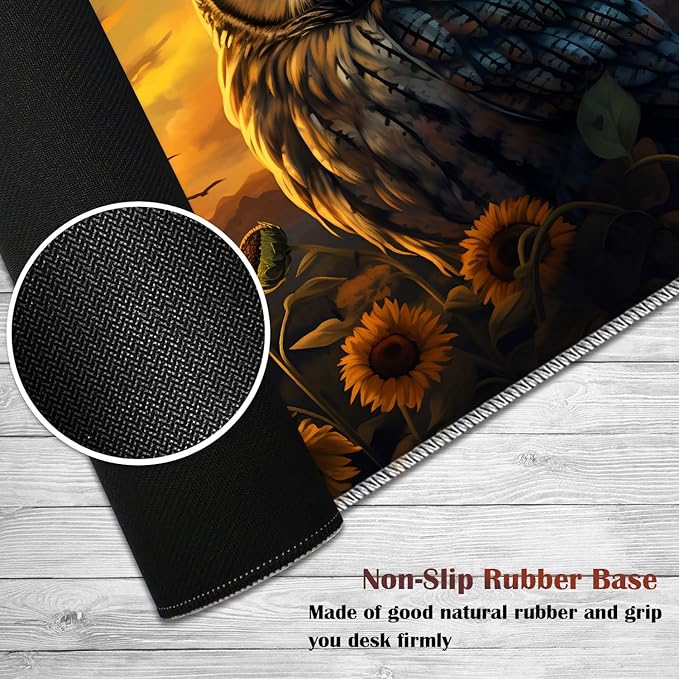 Gaming Mouse Pad Set Large Gaming Mouse Pad+Keyboard Wrist Rest+Mouse Wrist Rest+Coaster Easy Typing Pain Relief 31.5 × 11.8 inch Desk Mat for Home Office - Owl Among Sunflowers at Dusk