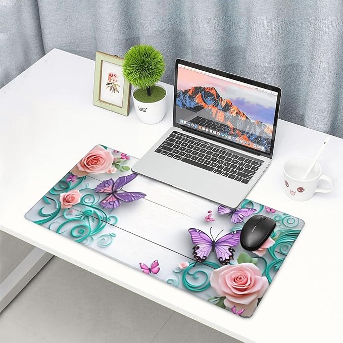 Pink Roses Butterflies Desk Cover MatExtended Large Mouse PadComputer Laptop Mat Desk Decor for Office Game Home 30x16 Inch
