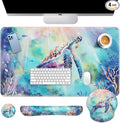 Arttown Sea Turtle Coral Reef Desk Mat Sea World Mouse Pad Set 4 in 1 Animal Ergonomic Design Large Desk Pad + Keyboard Wrist Rest + Mouse Wrist Rest + Coaster Suitable for Home Office Study Game