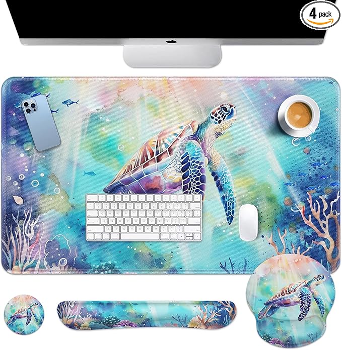 Arttown Sea Turtle Coral Reef Desk Mat Sea World Mouse Pad Set 4 in 1 Animal Ergonomic Design Large Desk Pad + Keyboard Wrist Rest + Mouse Wrist Rest + Coaster Suitable for Home Office Study Game