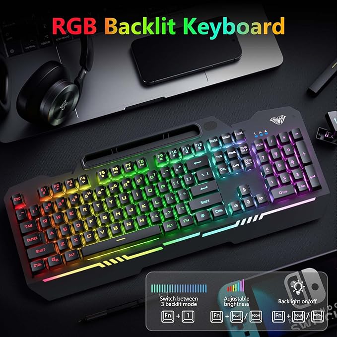 AULA Gaming Keyboard T102 104 Keys Gaming Keyboard and Mouse Combo with RGB Backlit All-Metal Panel Anti-Ghosting PC Game Keyboard and Mouse USB Wired Keyboard Mouse for MAC Xbox PC Gamers
