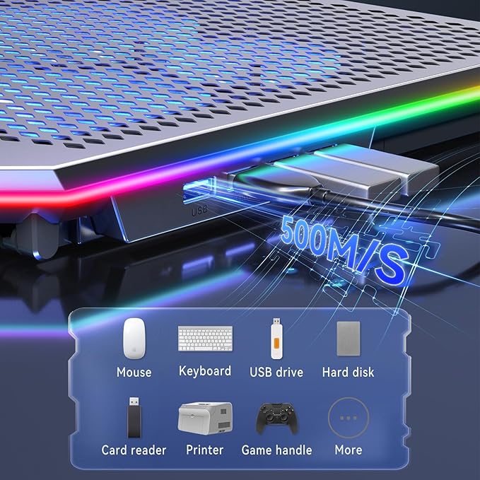 Aluminum Alloy RGB Gaming Laptop Cooler with 6 Fans and LCD Screen - 10 RGB Modes Memory Function 4 USB Ports 3.0 and 2.0 Hub 9 Height Adjustable for 10 to 21 Inch Laptops on Desk or Lap