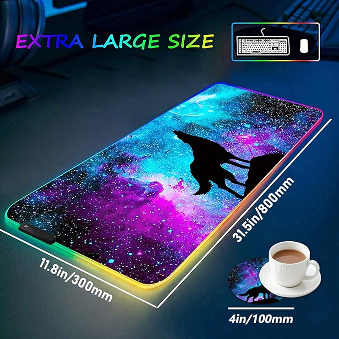 RGB Gaming Mouse Pad with Coffee Coaster XXL Large Glowing LED Mousepad Anti-Slip Rubber Base Computer Keyboard Desk Mouse Mat 31.5 X 11.8 Inch - Blue Galaxy Nebula Wolf
