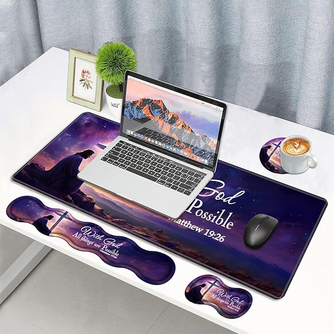 Ergonomic Memory Foam Mouse Pad Wrist Rest SetLarge Gaming Desk Pad + Keyboard Wrist Rest + Mouse Wrist Cushion + Coaster for Home Office Study GamingChristian Cross Quote Bible Verse Matthew 19:26
