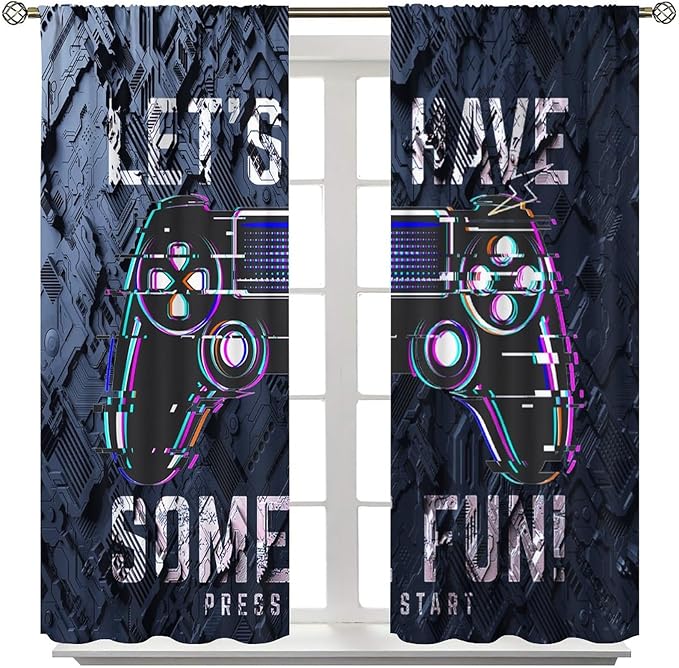 Modern Boys Gamepad Curtains - Abstract Digital Video Game Gamepad Neon Design Window Drapes Room Darkening Blackout Curtains Thermal Insulated Rod Pocket Curtains for Bedroom 2 Panels 63L x 36W