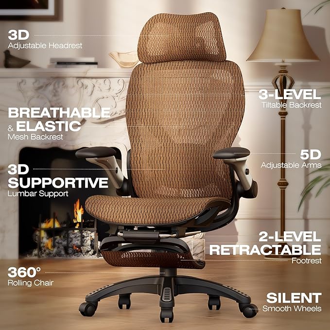 ELABEST X100 Ergonomic Office Chair with Footrest Big and Tall Home Desk Chair with 5D Flip-Up Arms Adjustable 3D Lumbar SupportHigh Back Rolling Computer Chair Swivel Mesh Chairs