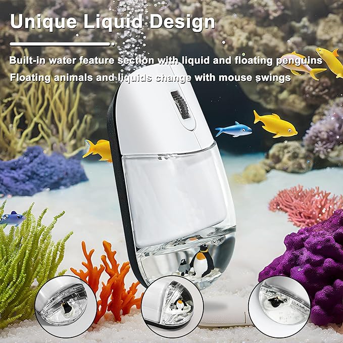 Wireless Mouse with Liquid Water Section &amp Floater Animal Portable Retro Silent Cute Aqua Mouse with USB Receiver Lightweight 1000DPI Optical Clear Water Mice for Laptop PC Computer (White Pengui