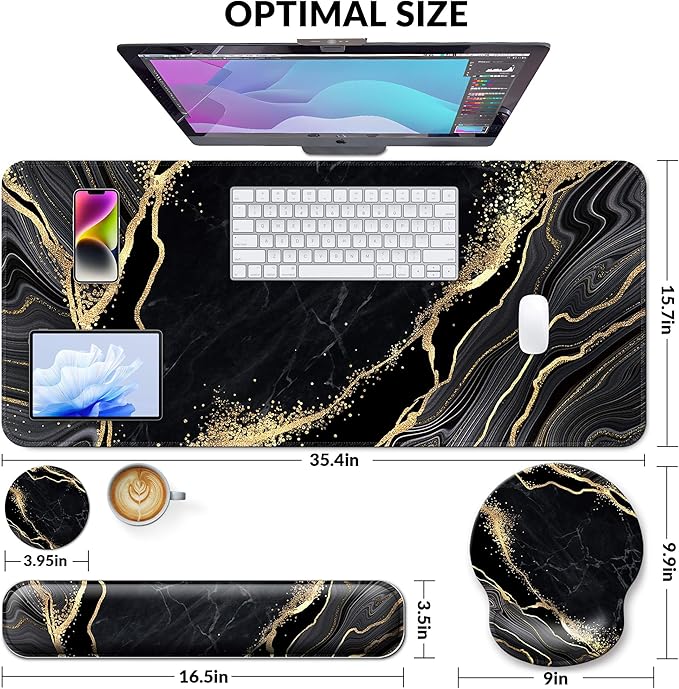 Desk Mat Set + Keyboard and Mouse Pad with Wrist Rest Support4-in-1 Large Mousepad Computer Mats for Desktop Home &amp Office-Marble 3
