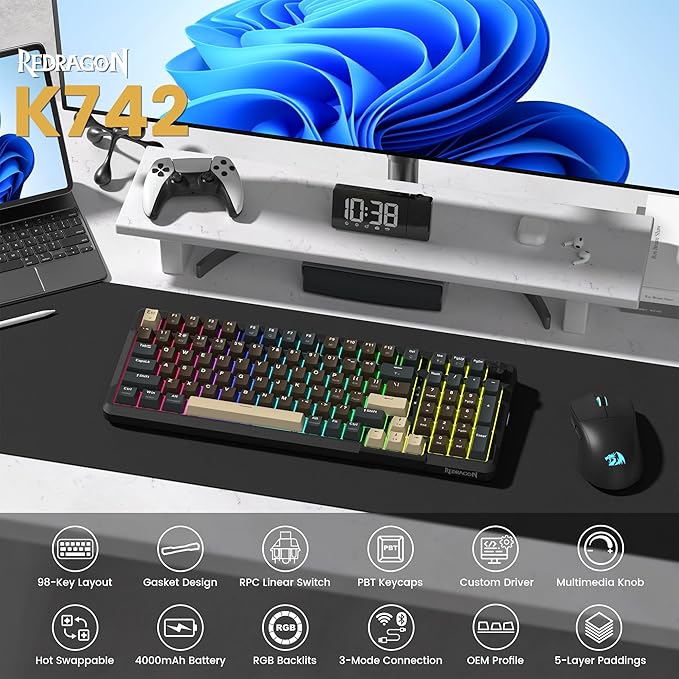 Redragon K742 Wireless Mechanical Gaming Keyboard with Knob Bluetooth 5.0/2.4GHz/USB C Wired Creamy Keyboard with Number Pad for PC Computer RGB Backlits Hot-Swappable with Linear Switches (Brown)