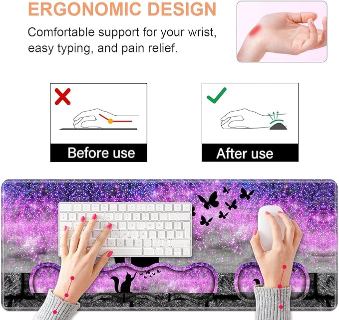 Ergonomic Keyboard Wrist Rest &amp Mouse Pad Wrist Rest Set Large XXL Gaming Desk Mat 31.5x 11.8 with Non-Slip Base Memory Foam Easy Typing Pain Relief for Home &amp Office Black Cat and Butte