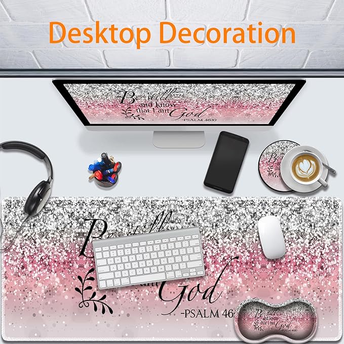 Durable Desk Mat + Wrist Rest Pad + Coasters Set Large Gaming Office Mouse Pad 31.5 x 11.8 Extended Non-Slip Rubber Keyboard Pad Laptop &amp Home Pink Flash Bible Pattern