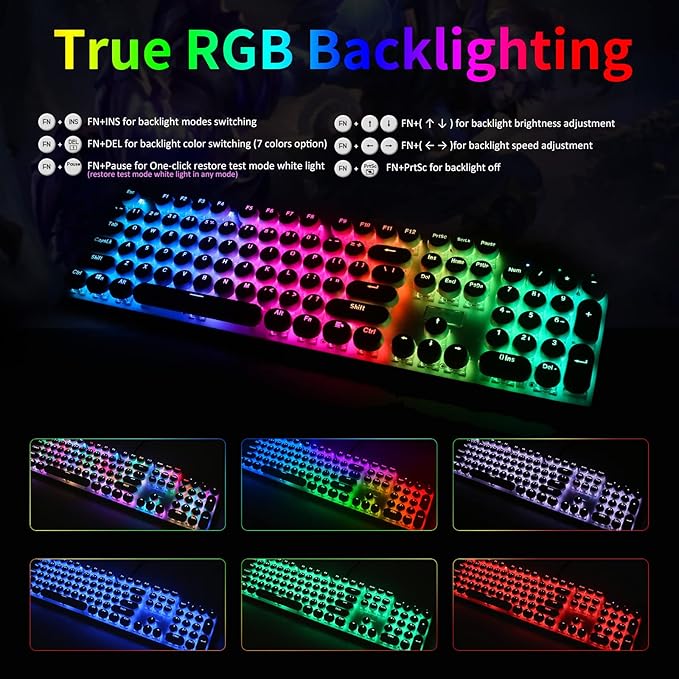 HUO JI E-Yooso Z-88 Wired Typewriter Style Mechanical Gaming Keyboard Programmable RGB Backlit Blue Switches - Clicky USB-C Cable Metal Panel 104 Double-Shot Keycaps for PC White