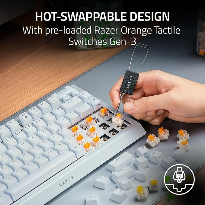 Razer BlackWidow V4 75% Mechanical Gaming Keyboard: Hot-swappable Design - Compact &amp Durable - Orange Tactile Switches - Chroma RGB - MF Roller &amp Media Keys - Comfortable Wrist Rest - White (R